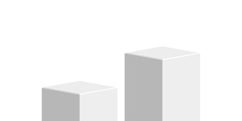 two White cube block podium stage pedestal and platform vector, a minimalist display element. Ideal for product showcases, presentations, awards, exhibitions, and modern design.