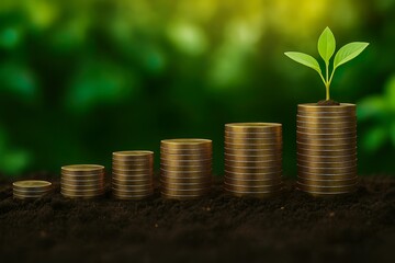 Stacks of gold coins arranged in ascending order, each with a small green plant growing on top, symbolizing financial growth and investment, set on rich soil outdoors.