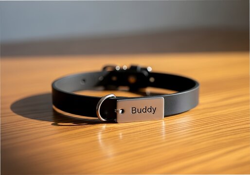 Black pet collar with metal tag reading 'Buddy' on wooden surface  