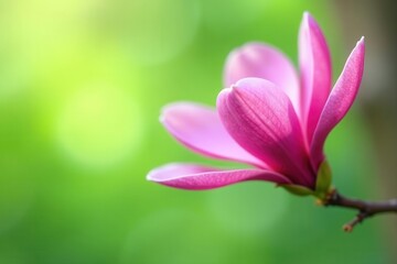 Fototapeta premium Close-up of vibrant pink magnolia flowers blooming on a branch, soft green backdrop , spring photography, delicate