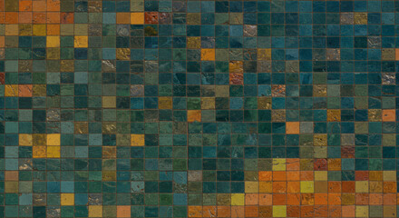 Fototapeta premium Colorful Mosaic Tile Wall Texture Background Teal Orange and Yellow Square Tiles