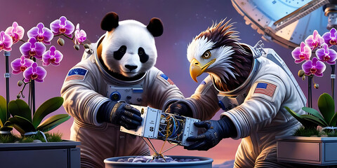 Panda and eagle astronauts working on device


