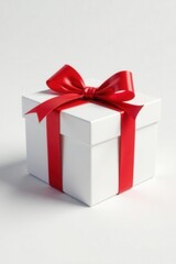 Obraz premium Elegant white gift box, red ribbon bow on white background , holiday, packaging, design