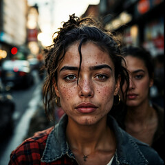 Freckled young woman portrait in urban setting