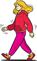  A vector illustration of a Girl with blonde hair in red hoodie and pink pants walking. minimalist style.