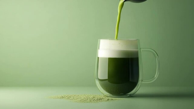 Matcha latte in a glass mug with matcha powder on a green background.