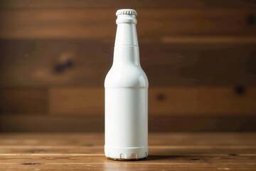 White plastic beer bottle, wooden backdrop, copy space, refreshment, image, rustic