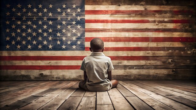 Young boy contemplating an aged american flag on rustic wood - Powered by Adobe