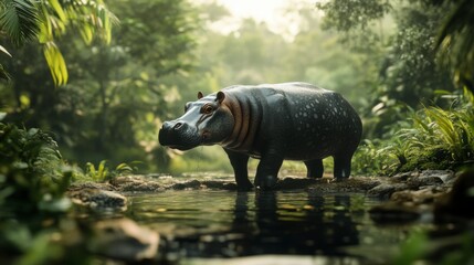 Pygmy hippopotamus walking along a forest stream, lush green surroundings