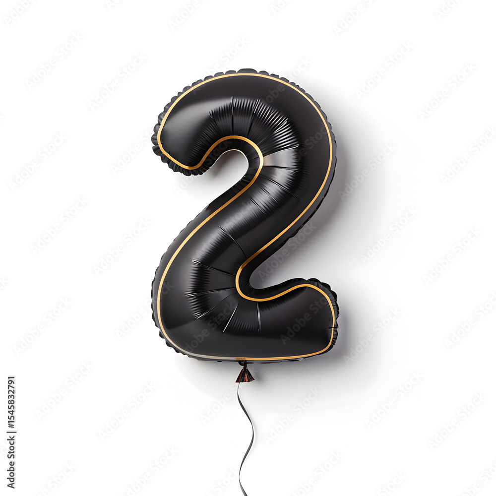 Fototapete a balloon shaped like the number 2,matte black metallic finish with realistic reflections and smooth