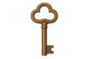 Vintage golden key symbolizing mystery, heritage, unlocking secrets against transparent backdrop