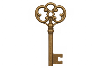 Close up of vintage golden key with ornate bow isolated on transparent background, ideal for security or history concepts