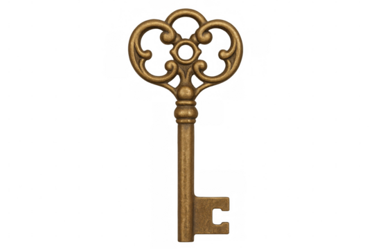 Close up of vintage golden key with ornate bow isolated on transparent background, ideal for security or history concepts
