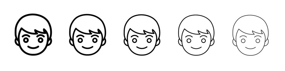 Happy boy face icon thin outline logo mark set