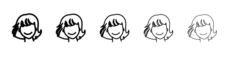 Happy girl face icon thin outline logo mark set