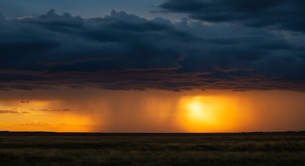 Prairie Storm: Golden Light Breaks Through Dark Clouds Over Grassy Plains