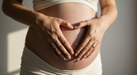 Pregnant woman's hands forming a heart shape on her belly, symbol of love
