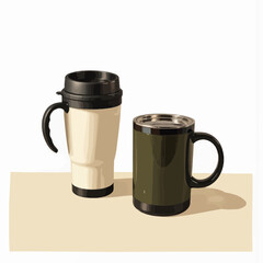 Two travel mugs with black lids on a light background  