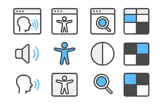 Accessibility icons set with voice, vision, and color tools