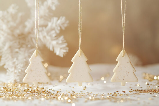 Elegant cream Christmas tree ornaments hanging against a soft background sprinkled with gold glitter