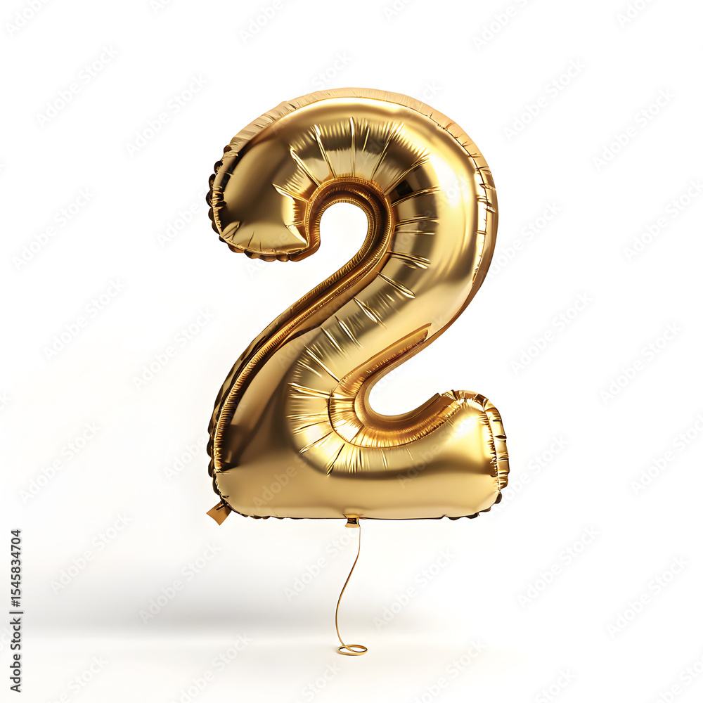 Fototapete a balloon shaped like the number 2,gold metallic finish with realistic reflections and smooth textur