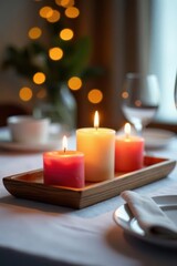 Burning candles in wooden tray, white table setting , living room, wooden tray, photography