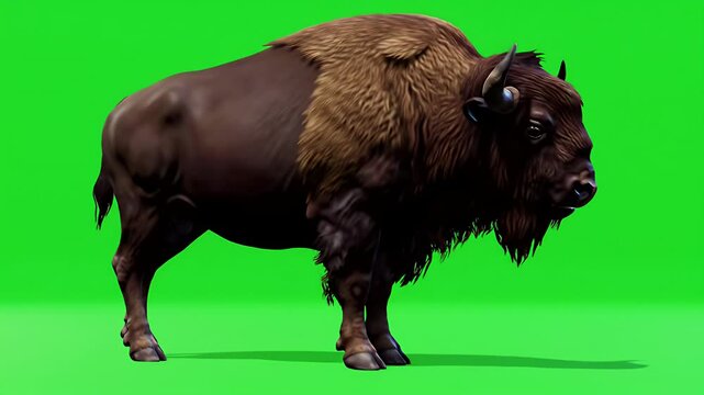 Side view of a large, brown bison against a green screen