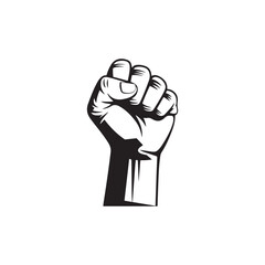 Black and White Graphic Illustration of a Raised Clenched Fist in Woodcut Style