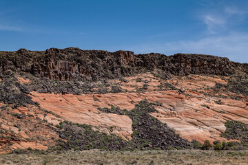 Santa Clara lava flow / basalt (Qbs) with Navajo Sandstone (Lower Jurassic), Snow Canyon State Park, Utah geology. Red Cliffs National Conservation Area