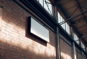A blank rectangular sign hangs on a red brick wall in a large industrial space with high ceilings and windows. Sunlight streams in