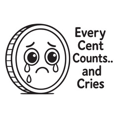 Fototapeta premium Crying Coin Vector – Financial Crisis Line Art with Sad Money Face
