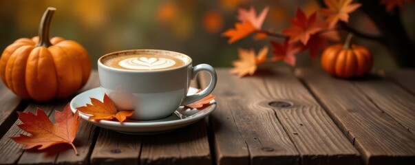 Rustic wood table, pumpkin spice coffee, fall decor, pumpkin, cozy, fall