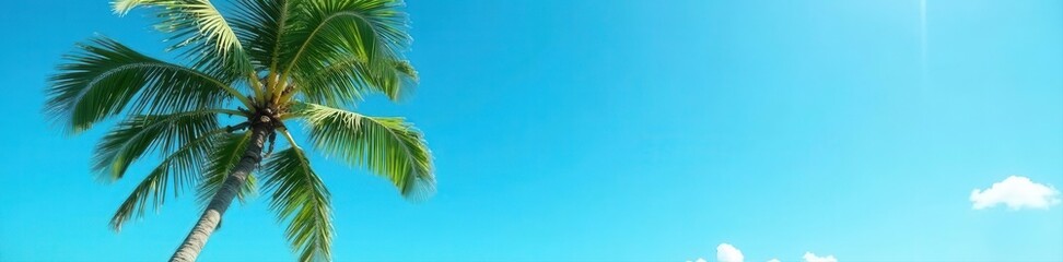 Single coconut palm against azure sky, ample copy space, design element, tropical background
