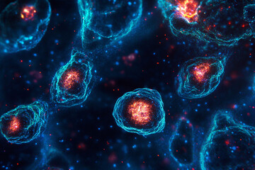 Microscopic view of cells glowing vibrant blue and orange