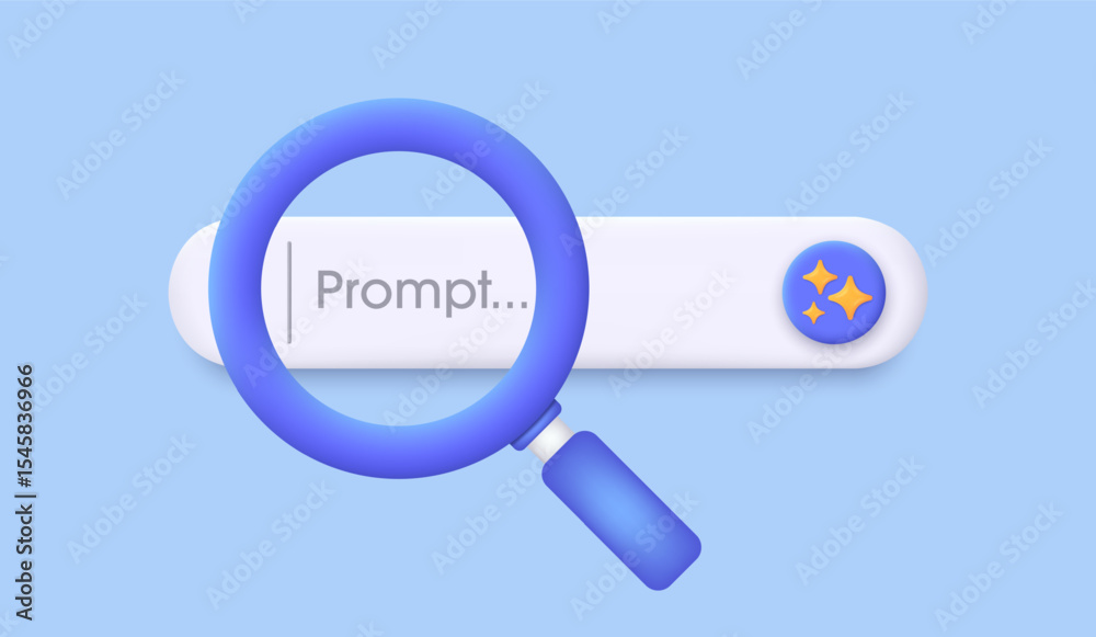 Aufkleber Search engine bar and magnifying glass 3D. Chatbot and AI Assistant. Concept of Artificial Intelligence. Input prompt as commands for search and analysis by AI. Trendy and modern vector in 3d style.