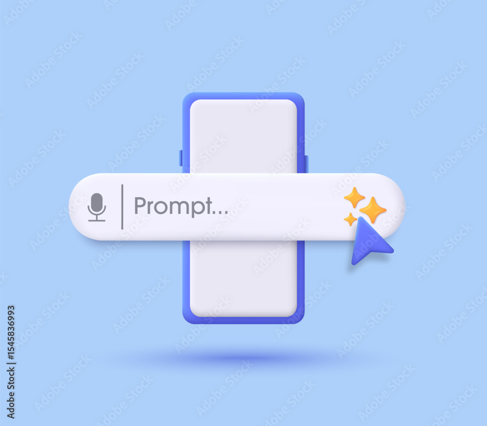 Aufkleber Search engine bar and smartphone 3D. AI Assistant and Tool. Concept of Artificial Intelligence. Input prompt as commands for search and analysis by AI. Trendy and modern vector in 3d style.