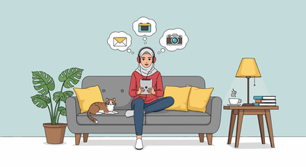 Adobe illustrator artwork vector illustration of a relaxed Muslim woman in hijab using a tablet on a sofa at home, thinking about social media, email, and photos. Cozy indoor vector scene