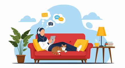 Adobe illustrator artwork vector illustration of a relaxed Muslim woman in hijab using a tablet on a sofa at home, thinking about social media, email, and photos. Cozy indoor vector scene