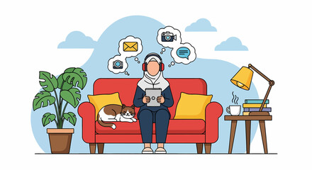 Adobe illustrator artwork vector illustration of a relaxed Muslim woman in hijab using a tablet on a sofa at home, thinking about social media, email, and photos. Cozy indoor vector scene