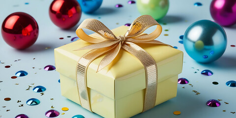 Holiday gift with decorations and confetti

