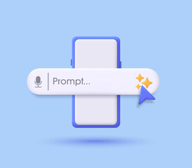 Search engine bar and smartphone 3D. AI Assistant and Tool. Concept of Artificial Intelligence. Input prompt as commands for search and analysis by AI. Trendy and modern vector in 3d style.