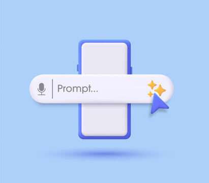 Search engine bar and smartphone 3D. AI Assistant and Tool. Concept of Artificial Intelligence. Input prompt as commands for search and analysis by AI. Trendy and modern vector in 3d style.
