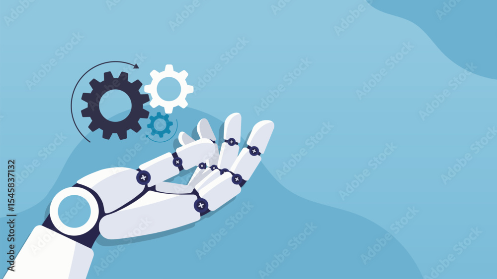 Aufkleber robotic hand holding cogwheels. future cybernetic artificial intelligence, innovation and machine le
