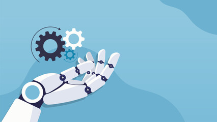 Robotic hand holding cogwheels. Future cybernetic artificial intelligence, innovation and Machine learning. AI technology. Technical support engineering concept. Vector cartoon illustration.