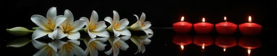 White lilies & burning candles reflected on a black, polished surface Dark background , reflection, sacred