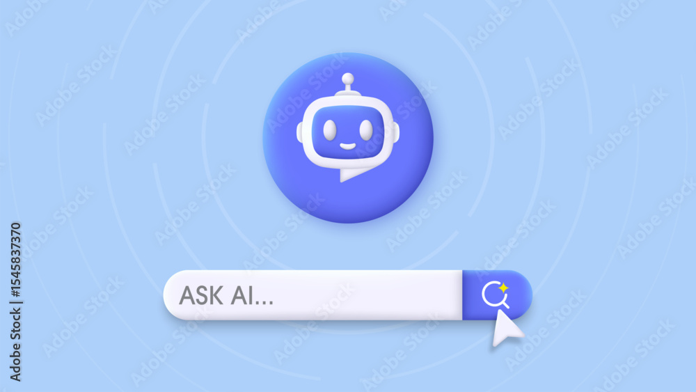 Aufkleber 3D Search engine bar and Robot. Chatbot and AI Assistant. Concept of Artificial Intelligence. Input prompt as commands for search and analysis by AI. Trendy and modern vector in 3d style.