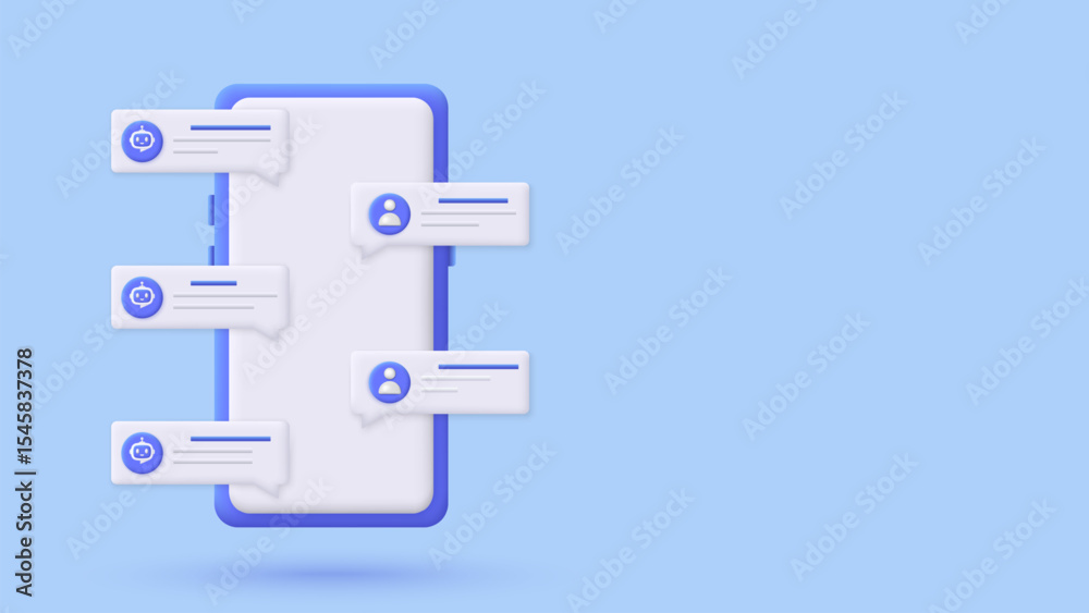 Poster 3D smartphone online chatbot app with messages. Artificial intelligence technology concept. Automation support chatting with bot. Customer support service AI. Trendy and modern vector in 3d style.