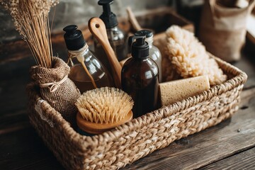 Rustic bathroom essentials in woven basket organic skincare products natural spa accessories home decor idea