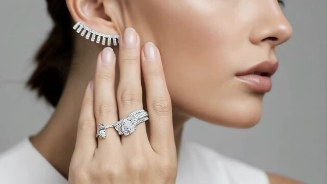 A woman models elegant diamond earrings and rings, showcasing luxury and beauty
