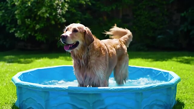 Wet golden retriever stands in a blue kiddie pool in green yard